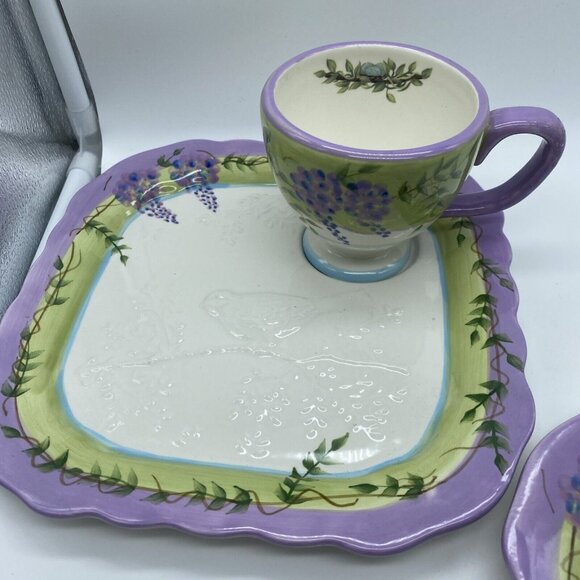 Wisteria Collection Snack 2 Set Plate and Cup w Embossed Bluebird Home Interior - Picture 2 of 10